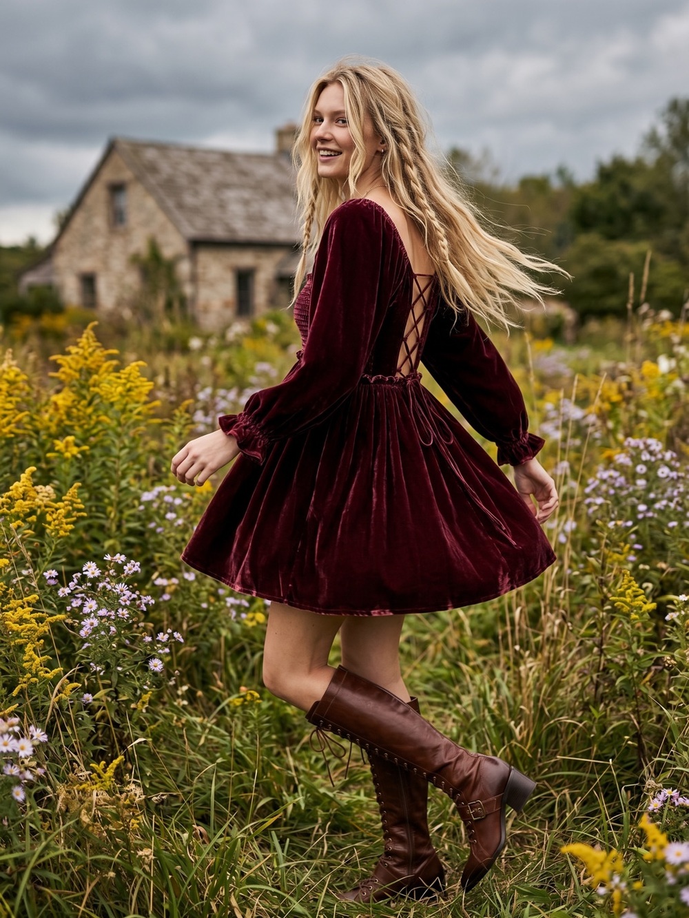 Free People Dainty Renaissance Daphne Velvet Mini Dress Burgundy Brown Small - Picture 1 of 17